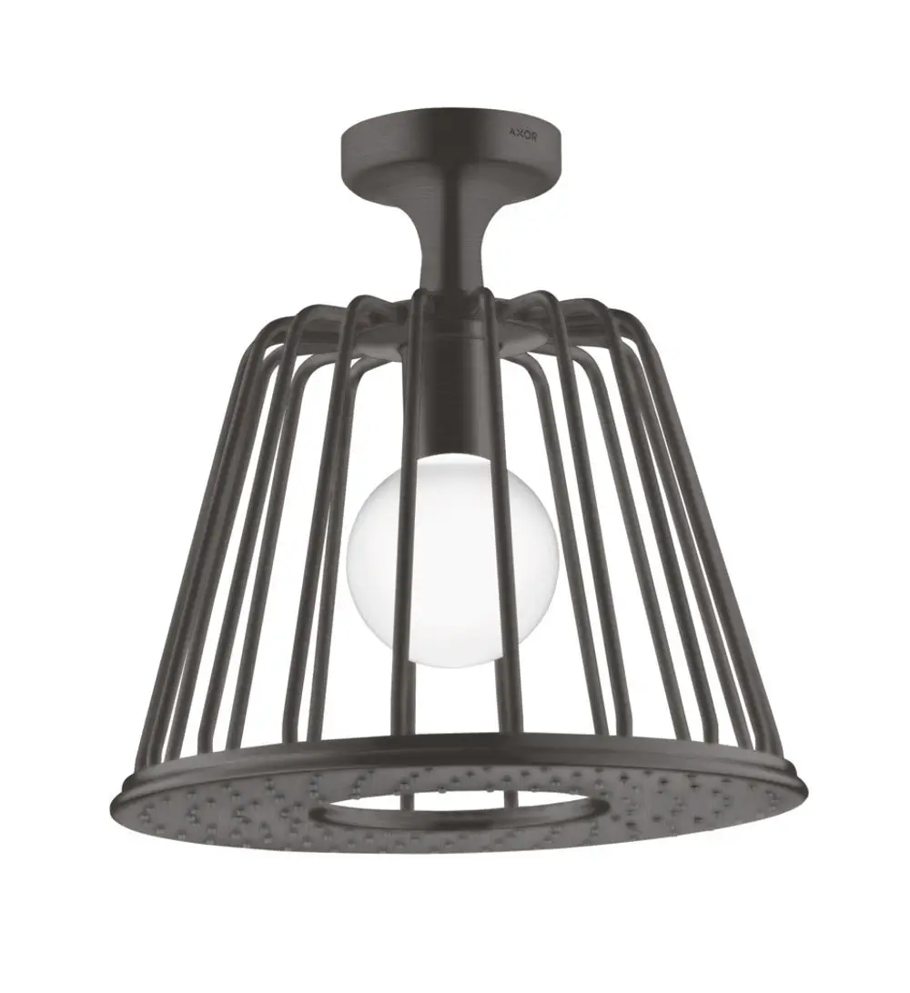 Deckenlampe mit einem Gitterdesign aus Metall in gebürstetem Schwarz chrom. Ausstattung mit einer runden Glühbirne. Marke: AXOR.